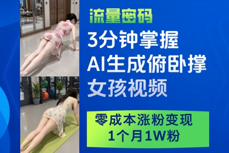 3分钟掌握AI生成俯卧撑女孩视频，零成本涨粉变现，1个月1W粉亢陶好项目网-专注分享网络创业项目落地实操课程 – 全网首发_高质量创业项目输出亢陶好项目网