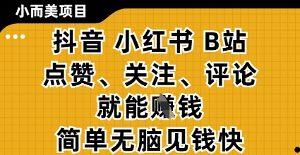小而美的项目，抖音小红书B站视频点赞、关注、评论就能挣钱，简单无脑立见收益，妥妥的零撸项目【揭秘】亢陶好项目网-专注分享网络创业项目落地实操课程 – 全网首发_高质量创业项目输出亢陶好项目网